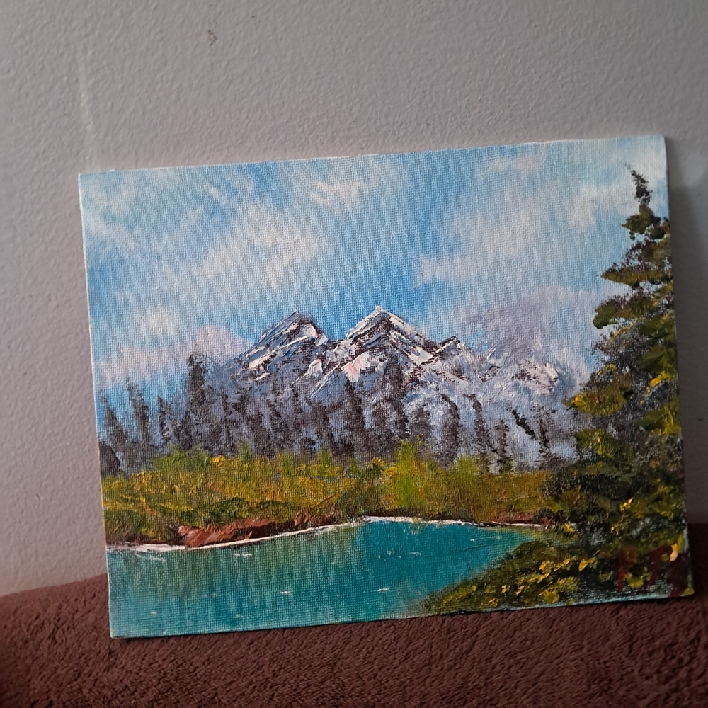 Bob Ross Inspired Hand Painted Canvas Oil Paint Mountains Grassy Feilds